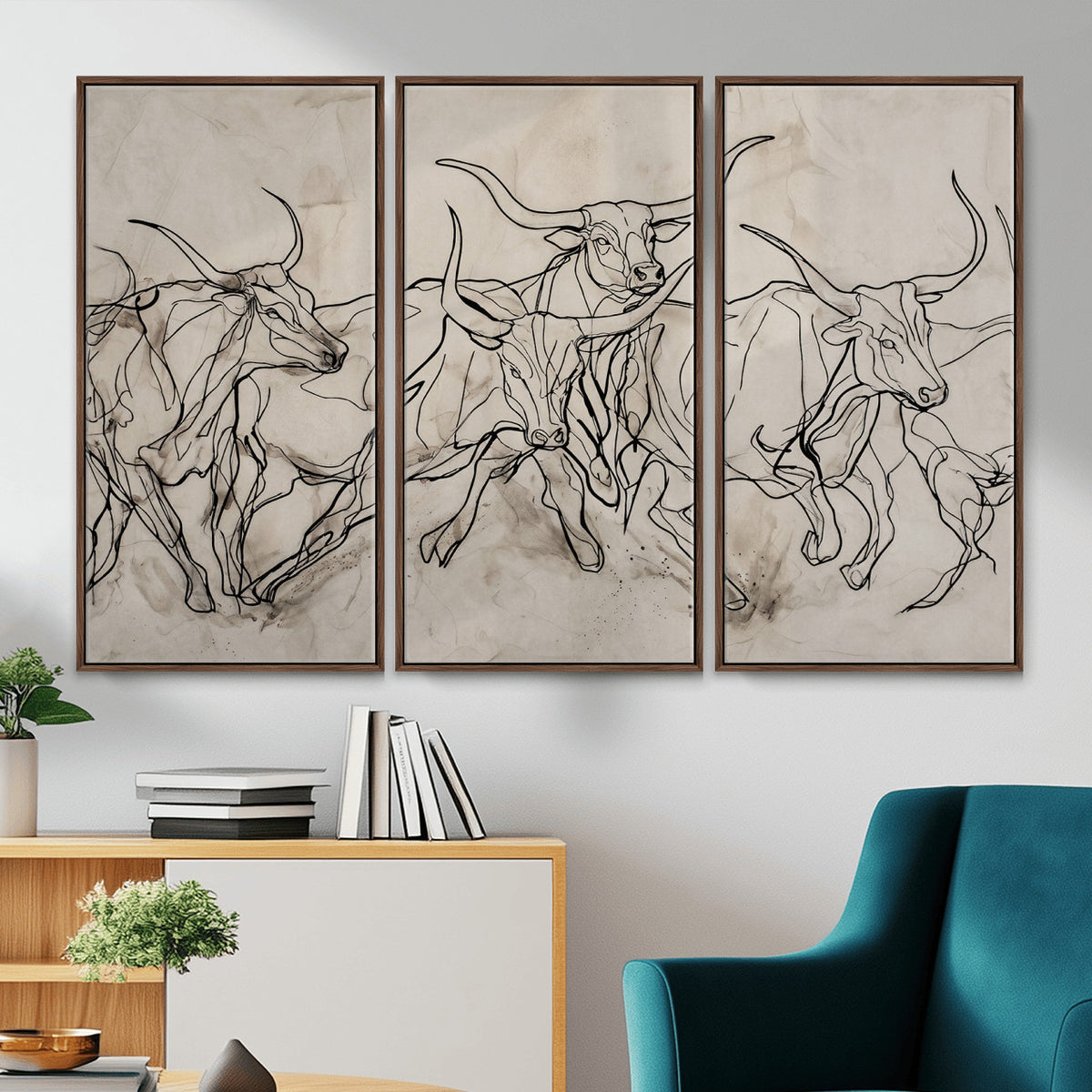 16671245-MGV-CV-36X24 - Minimalist Longhorn Line Art, Modern Texas Bull Canvas Print, Abstract Western Wall Decor, Continuous Line Artwork, Black White Ranch Gift