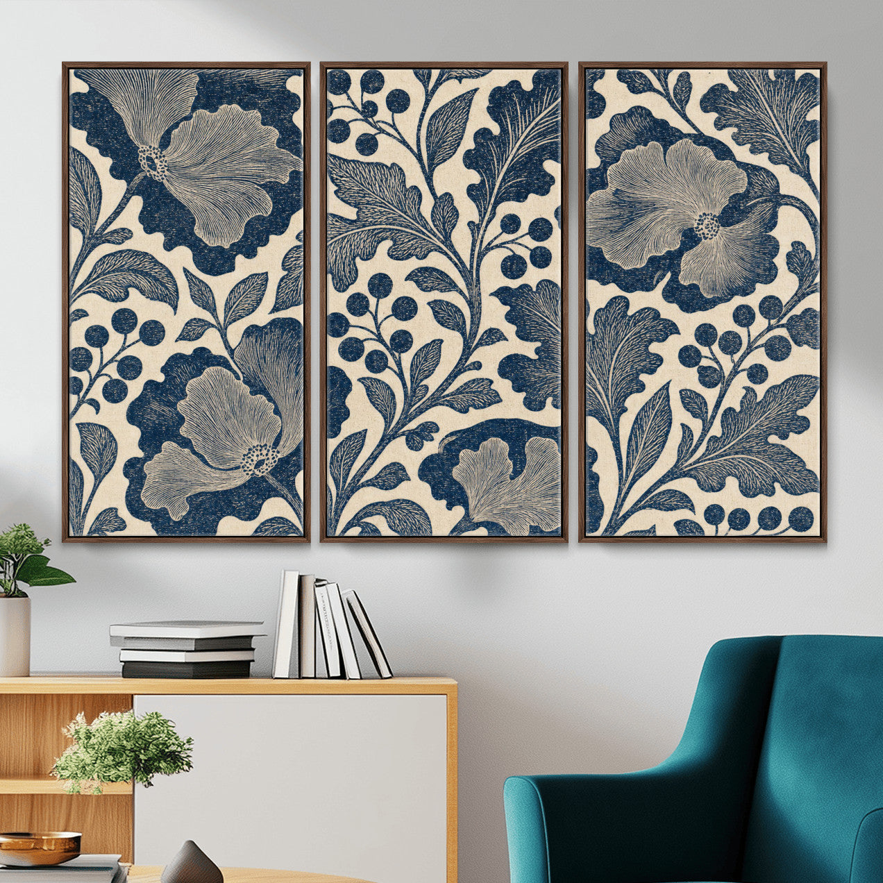 23824002-MGV-CV-36X24 - William Morris Style Navy Blue Floral Wall Art Canvas Print, Vintage Cream Botanical Painting Print