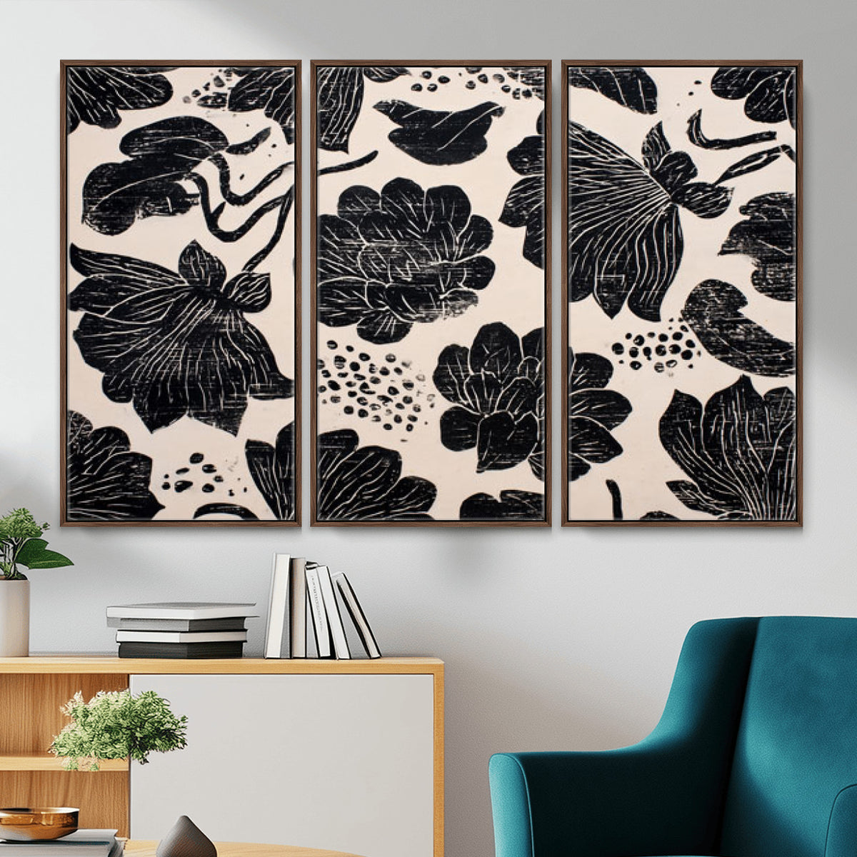 81787117-MGV-CV-36X24 - Linocut Black Lotus Floral Wall Art Canvas Print, Vintage Monochrome Botanical Painting Print
