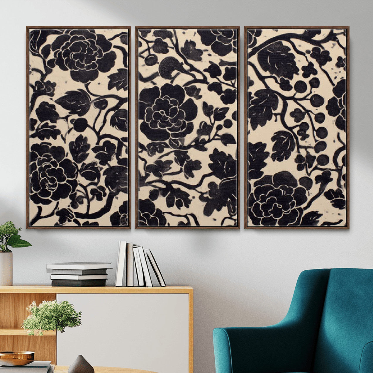86696255-MGV-CV-36X24 - Vintage Black and Cream Floral Wall Art Canvas Print, Chinoiserie Botanical Painting Print