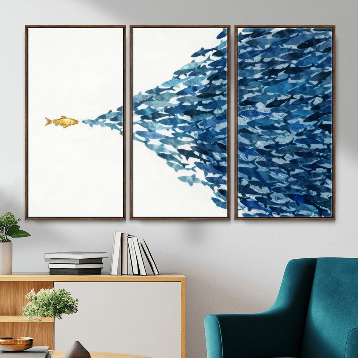 79089639-MGV-CV-36X24 - Abstract Blue Fish School Canvas Wall Art, Gold Foil Accent Marine Print