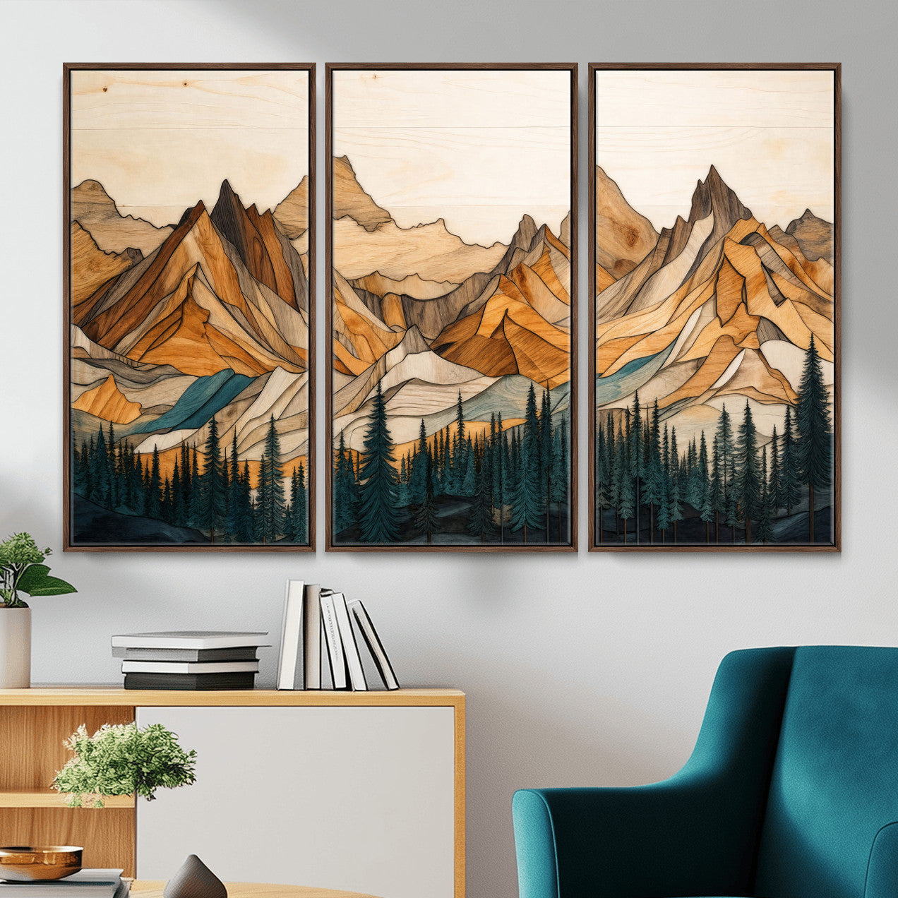 57384313-MGV-CV-48X32-3P - Mountain Landscape Canvas Wall Art with Wood Grain Effect, Golden Peaks and Teal Pine Forest, Framed Cabin Decor