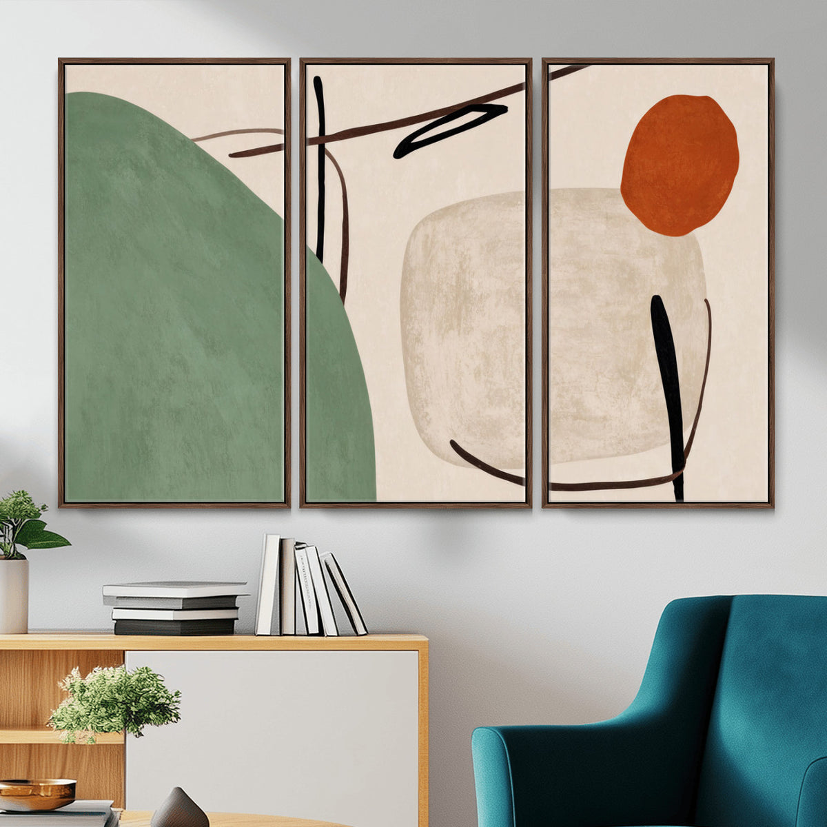 46798824-MGV-CV-48X32-3P - Mid Century Modern Geometric Canvas Wall Art, Abstract Triptych Print
