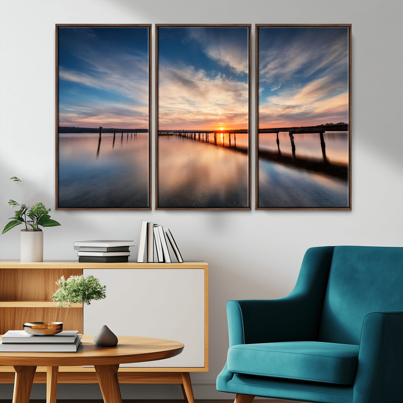 39967-MGV-CV-36X24-Wooden Pier on Seascape and Sunset Wall Art Canvas Print