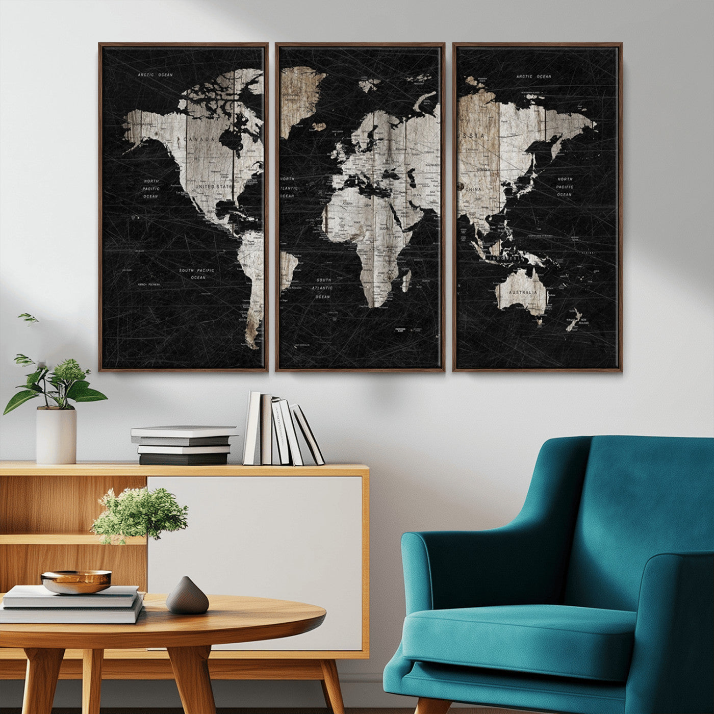 89998-MGV-CV-36X24-Rustic Black and Wood World Map Canvas Wall Art – Framed Push Pin Travel Map for Home and Office Decor, Modern Vintage Wall Artwork