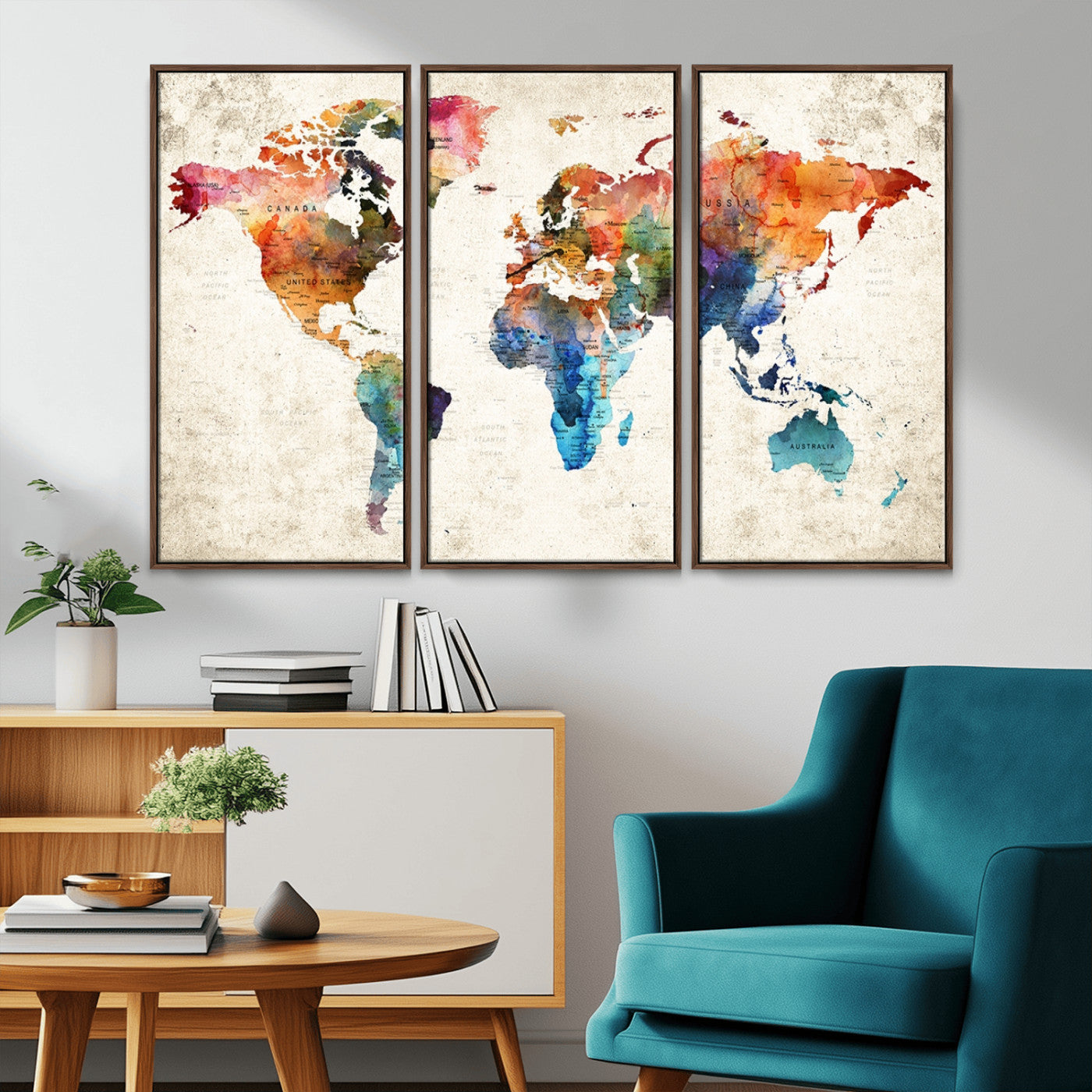 -Personalized World Map Canvas Print – Colorful Watercolor Push Pin Travel Map, Framed Wall Art for Home or Office Decor