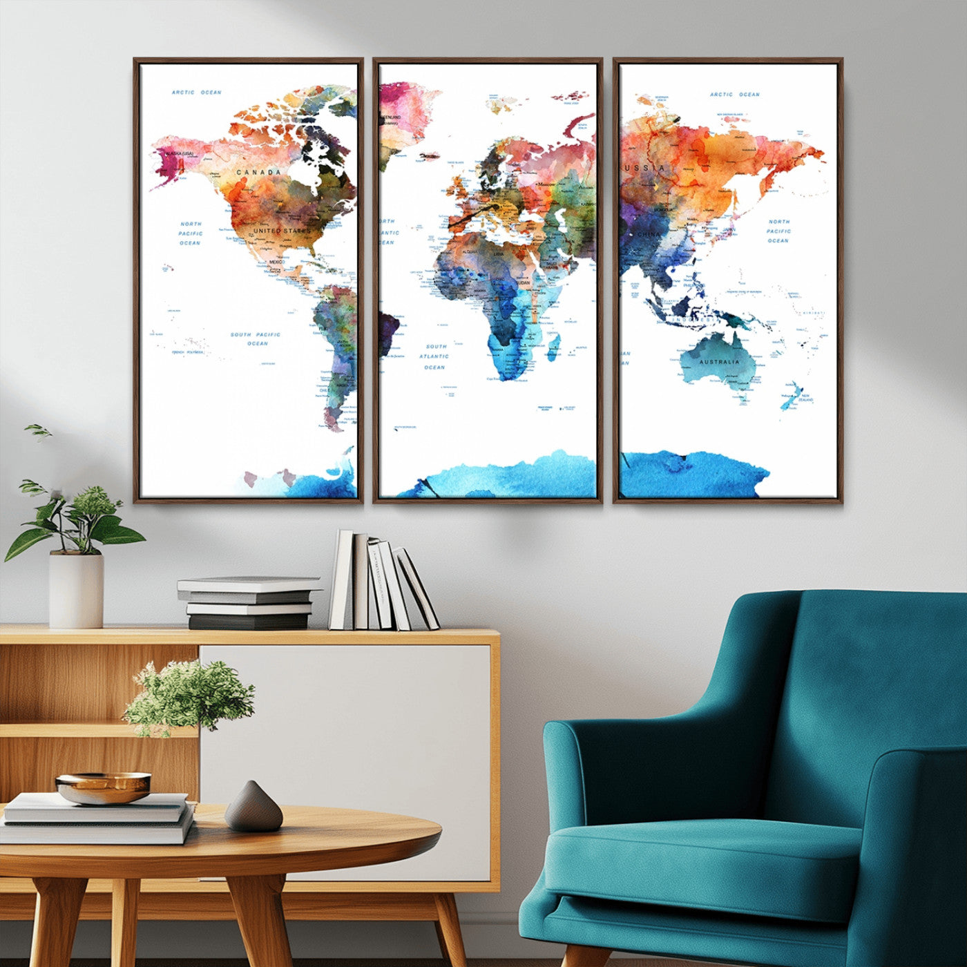 11576-MGV-CV-36X24-Vibrant Watercolor World Map Canvas Wall Art – Framed Push Pin Travel Map for Home and Office Decor, Modern Colorful Wall Artwork