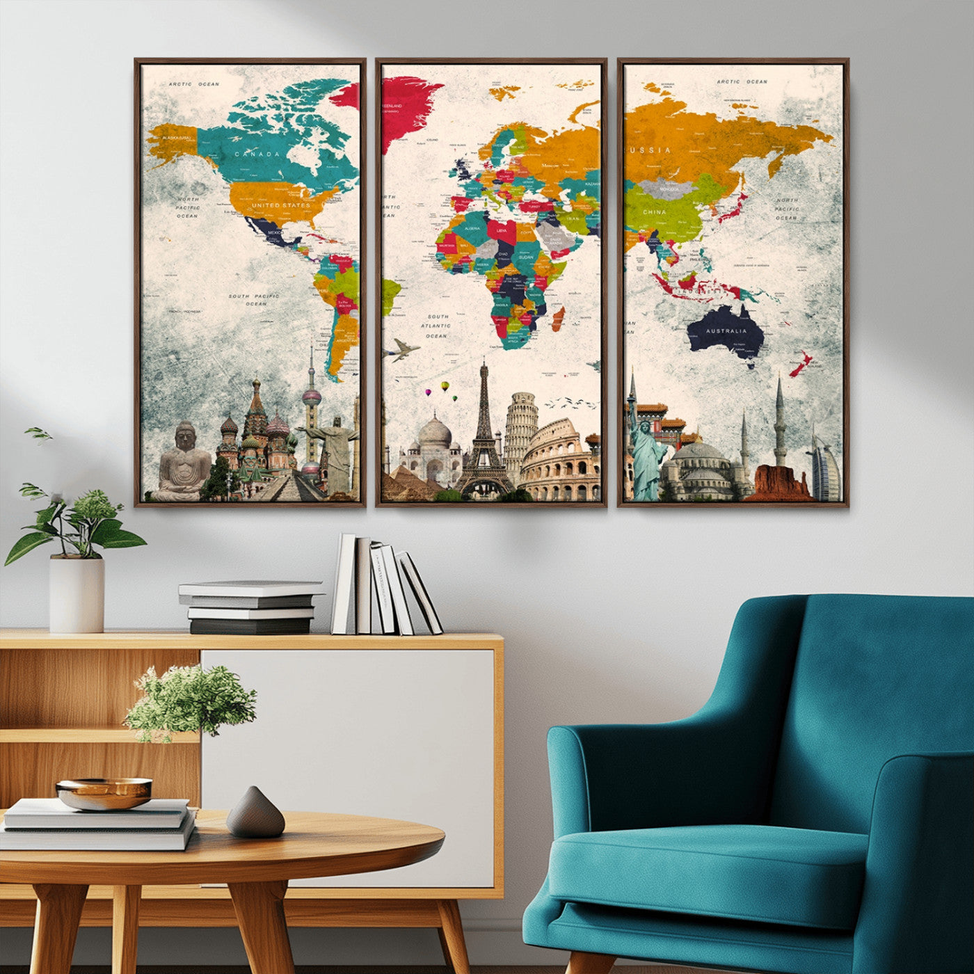 98056-MGV-CV-36X24-Colorful World Map Canvas Wall Art with Landmarks – Framed Travel Map Print for Home and Office Decor, Perfect Gift for Travel Lovers