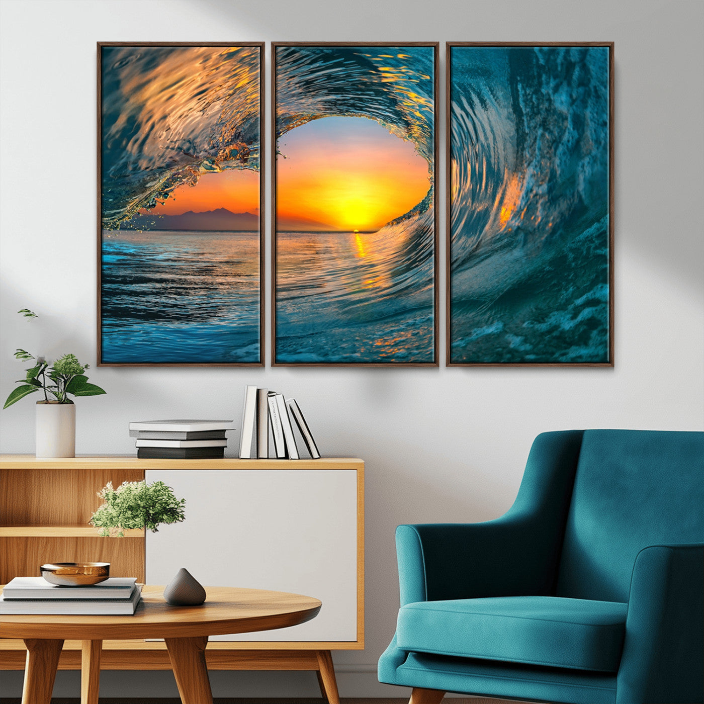 84279-MGV-CV-36X24-Ocean Wave Sunset Wall Art | Large Coastal Wave Canvas Print | 3-Panel Ocean Sunset Seascape for