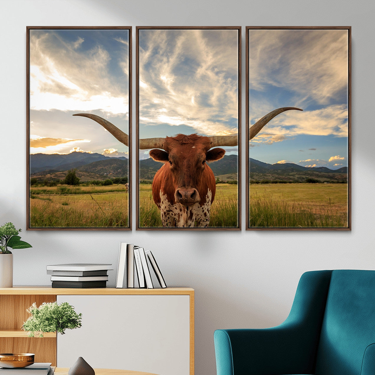 55416-MGV-CV-36X24 - Texas Longhorn Canvas Wall Art – Majestic Triptych Animal Print – Rustic Western Decor for Living Room