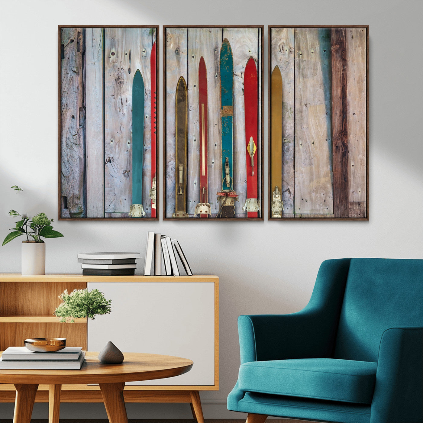 -Vintage Wooden Weathered Ski's in Front of an Old Barn Wall Art Canvas Print for Farmhouse, Cabin
