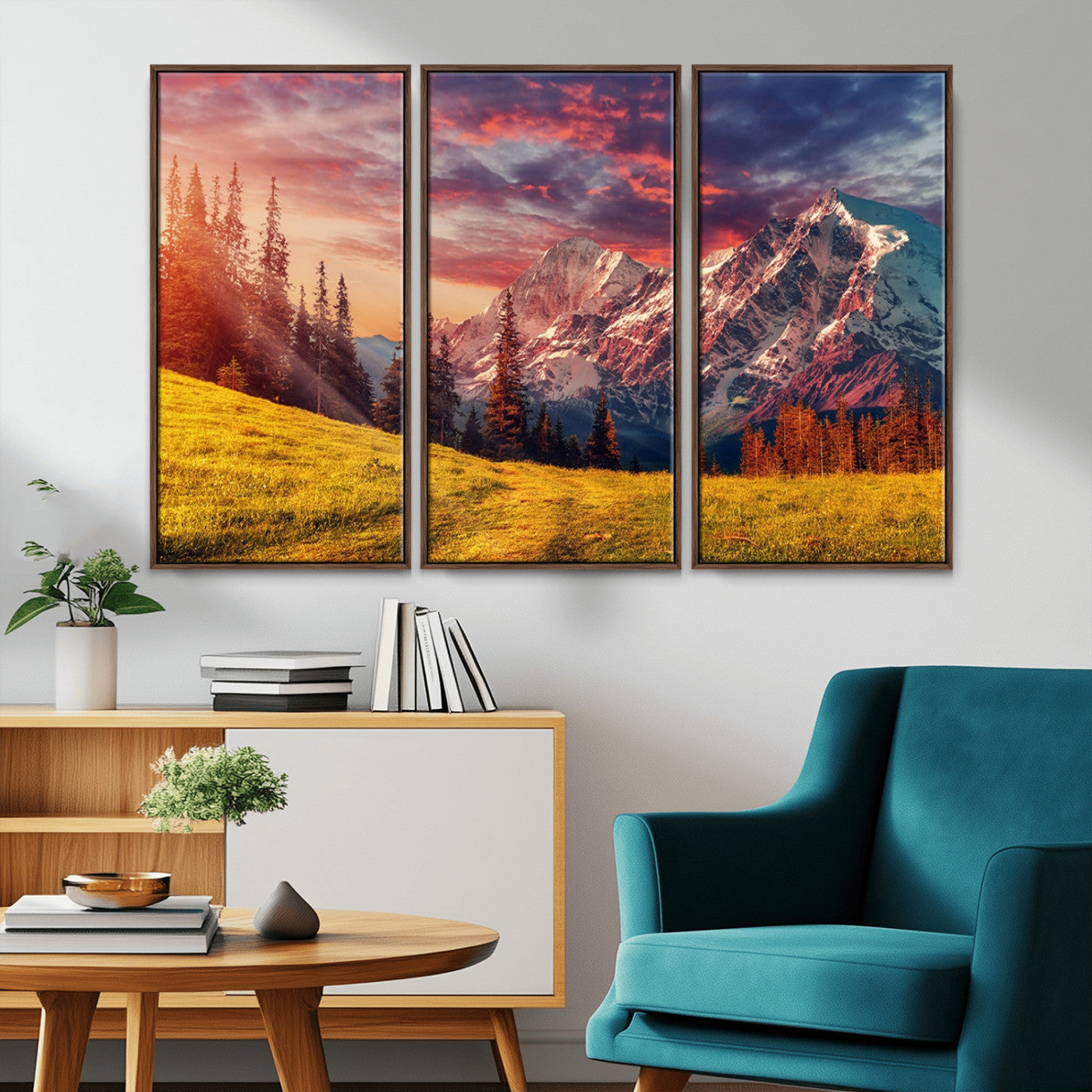 -Mountain and Daylight Red Sunset Wall Art Canvas Print