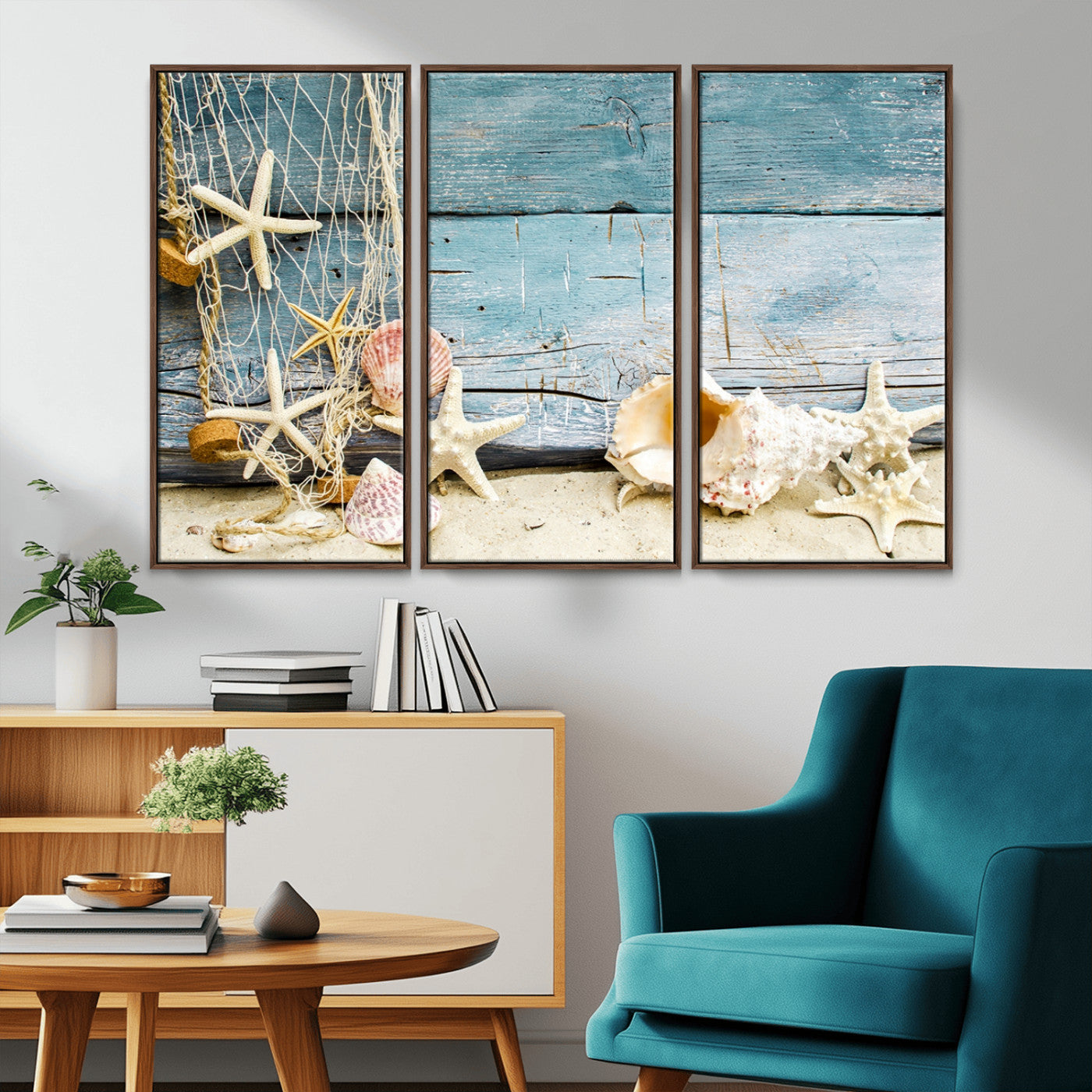 -Seashells on Rustic Wooden Background, Seashells Wall Art Canvas Print