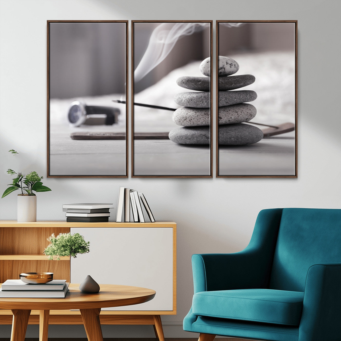50072-MGV-FC-48X32-3P_Walnut-Burning Incense and Zen Stones Buddhism Wall Art, Zen Stones Wall Art Canvas Print