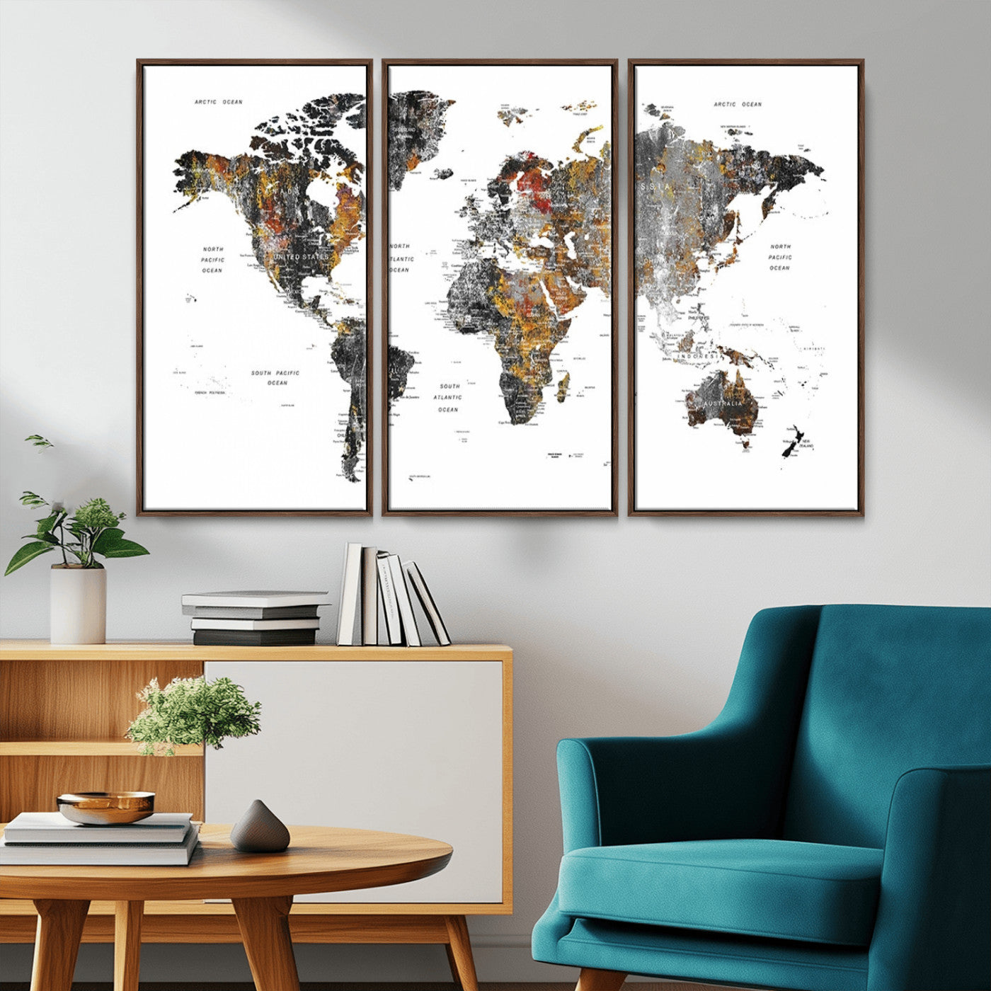 -Modern Metallic World Map Canvas Wall Art – Framed Contemporary World Map Print, Stylish Travel Inspired Decor for Home and Office Walls