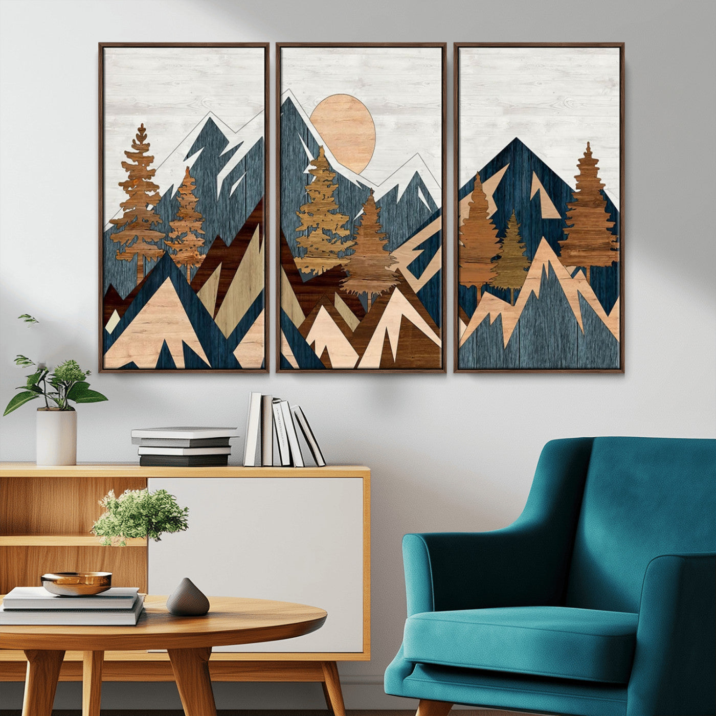 91467-MGV-FC-48X32-3P_Walnut-Abstract Wood Panel Effect Mountain Range Top Wall Art Canvas Print