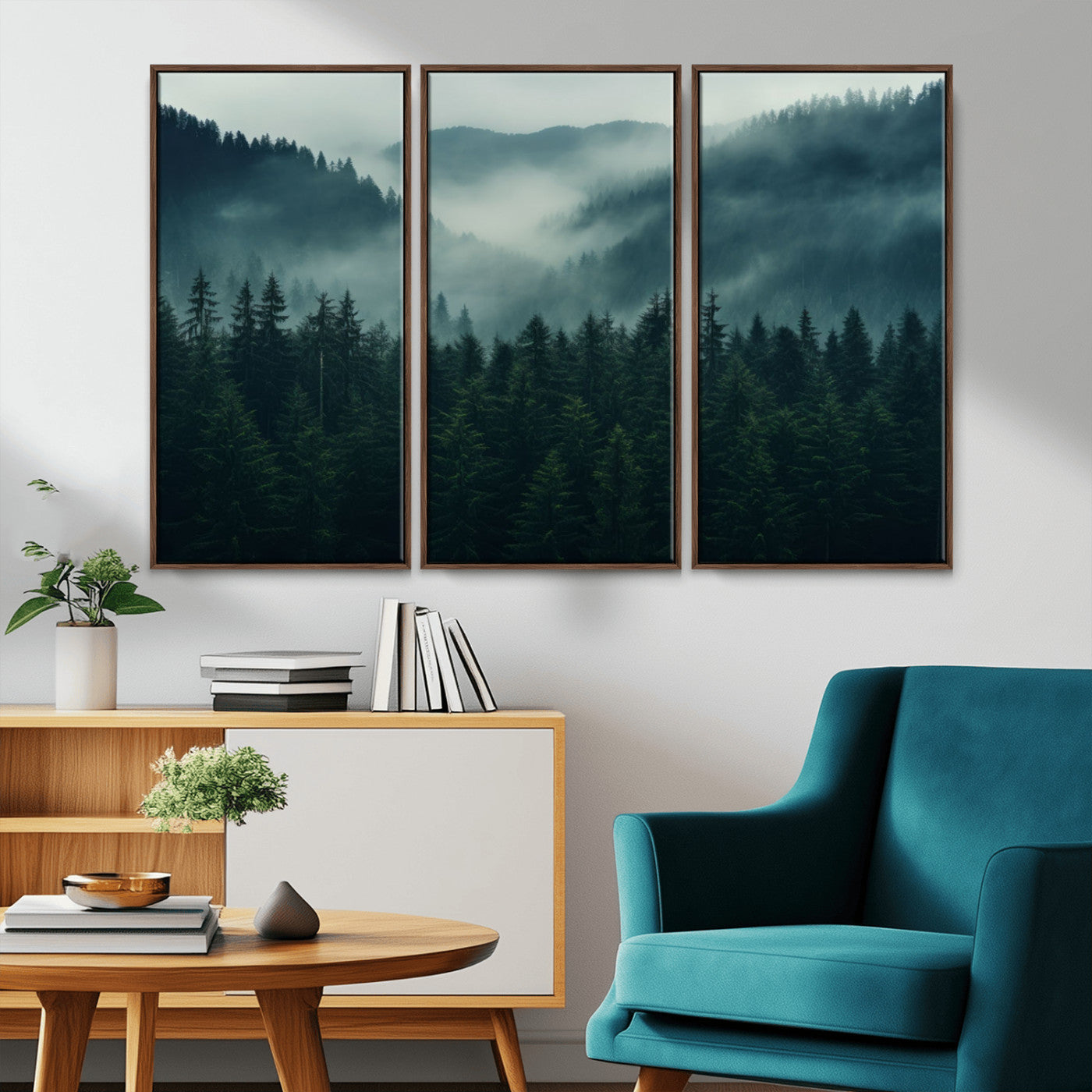 95647-MGV-FC-48X32-3P_Walnut-Captivating Misty Forest Wall Art Premium Canvas Print, Foggy and Serene Atmosphere Wall Art Canvas