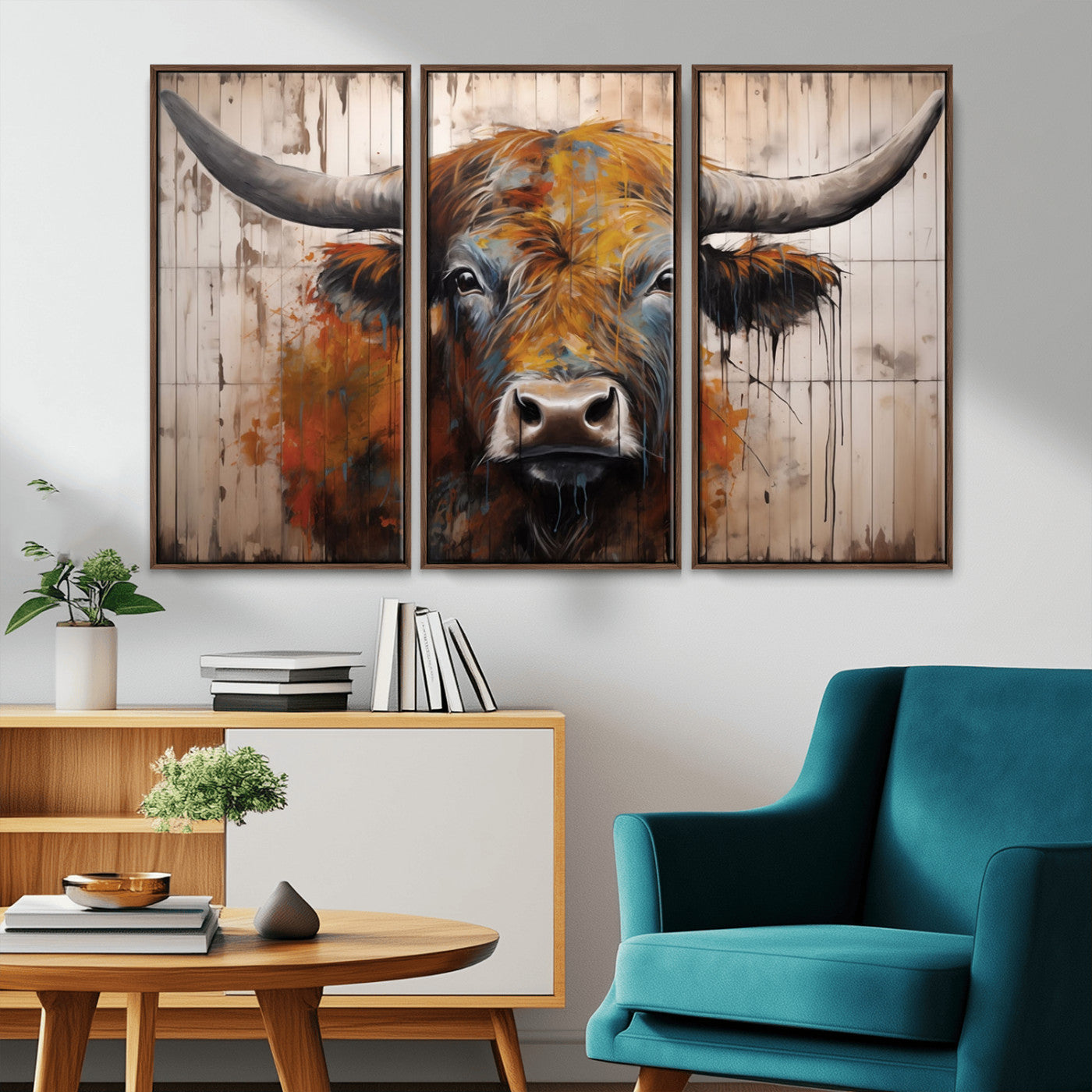 47284-MGV-CV-36X24-Scottish Highland Cow Cattle Art Print on Wood Style Background