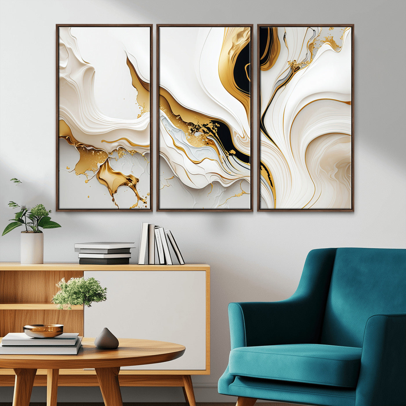 98637-MGV-FC-48X32-3P_Walnut-Gold Waves on Pure White Canvas – Gold Abstract Art for Modern Interiors | Wall Art Canvas, Framed &
