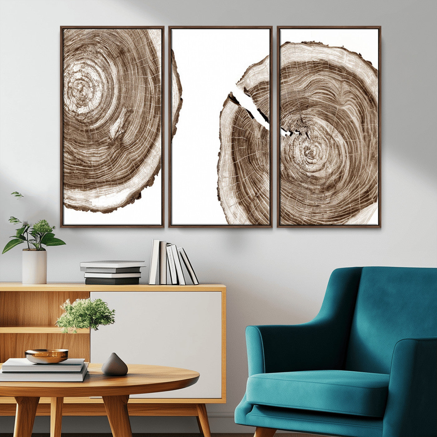 43743-MGV-FC-48X32-3P_Walnut-Wood Tree Ring Wall Art Canvas Prints, Tree Rings – Minimalist Black and White Wood Art | Triptych