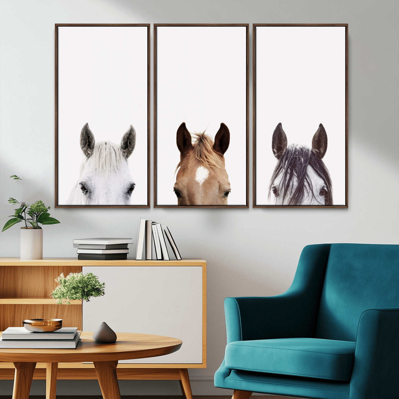 59160-MGV-FC-48X32-3P_Walnut-Horse Prints Set, Set of 3 Horse Wall Art, Horses Portraits, Farmhouse Wall Art, Farm Animals
