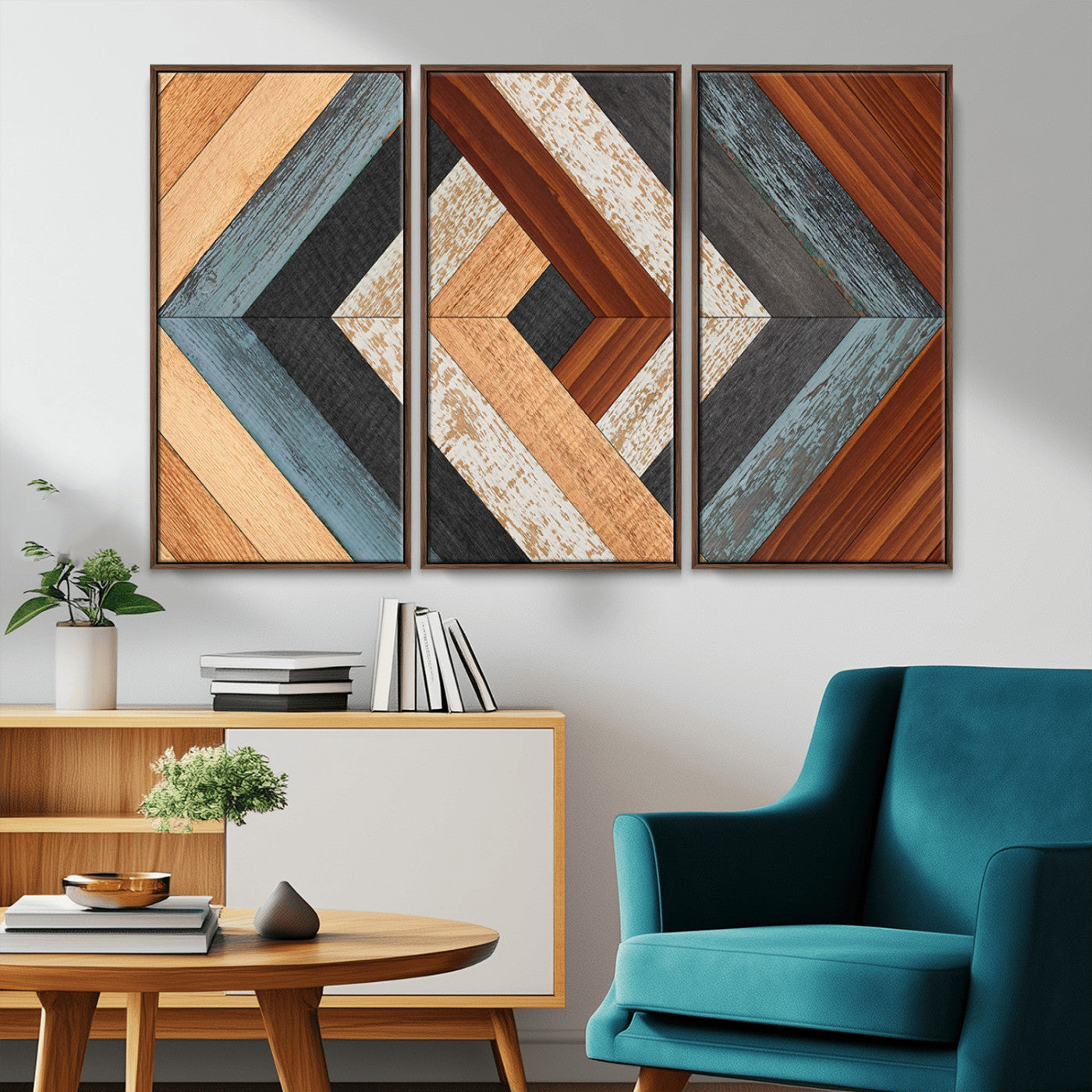 20897-MGV-CV-36X24-Geometric Wood Art Wall Decor Canvas Print, Rustic Wooden Pattern Triptych Wall Art for Living Room