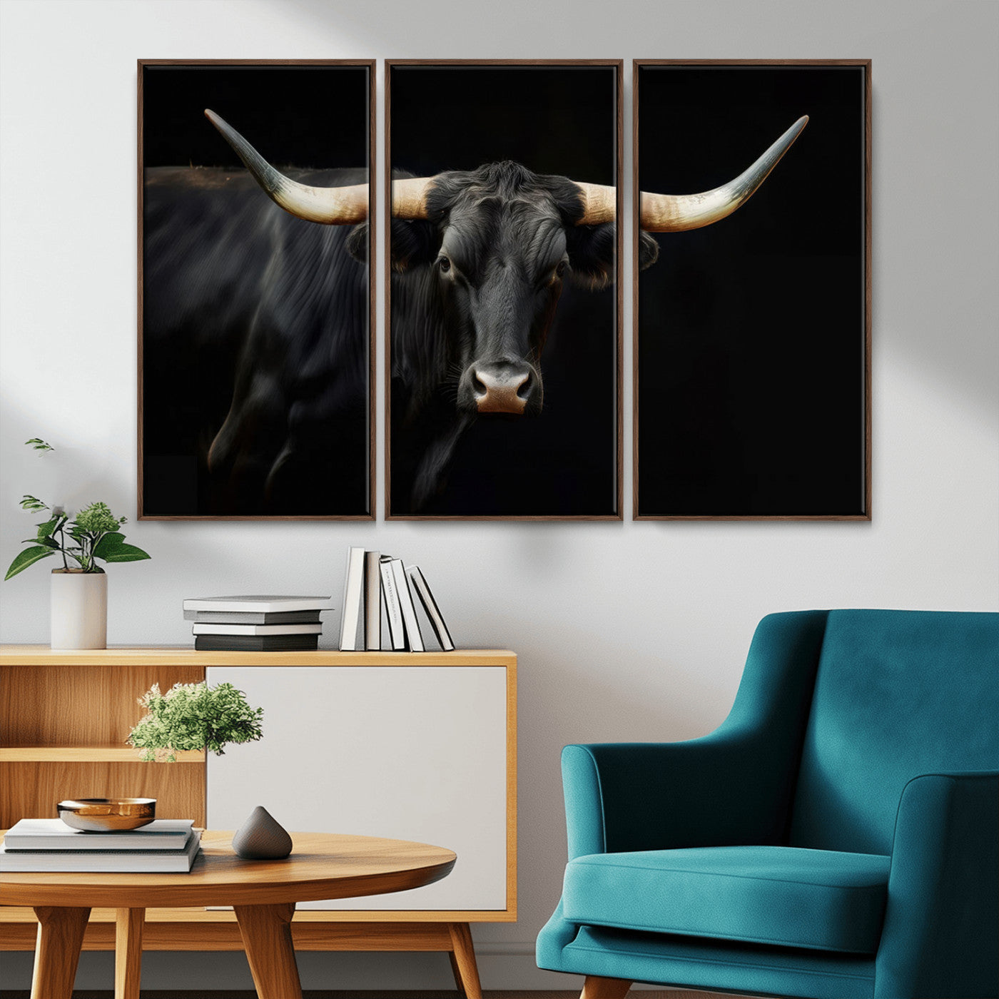 -Black Bull Wall Art – Majestic Longhorn Canvas Print with Dark Background, Rustic Western Farmhouse Decor for Living Room or Office
