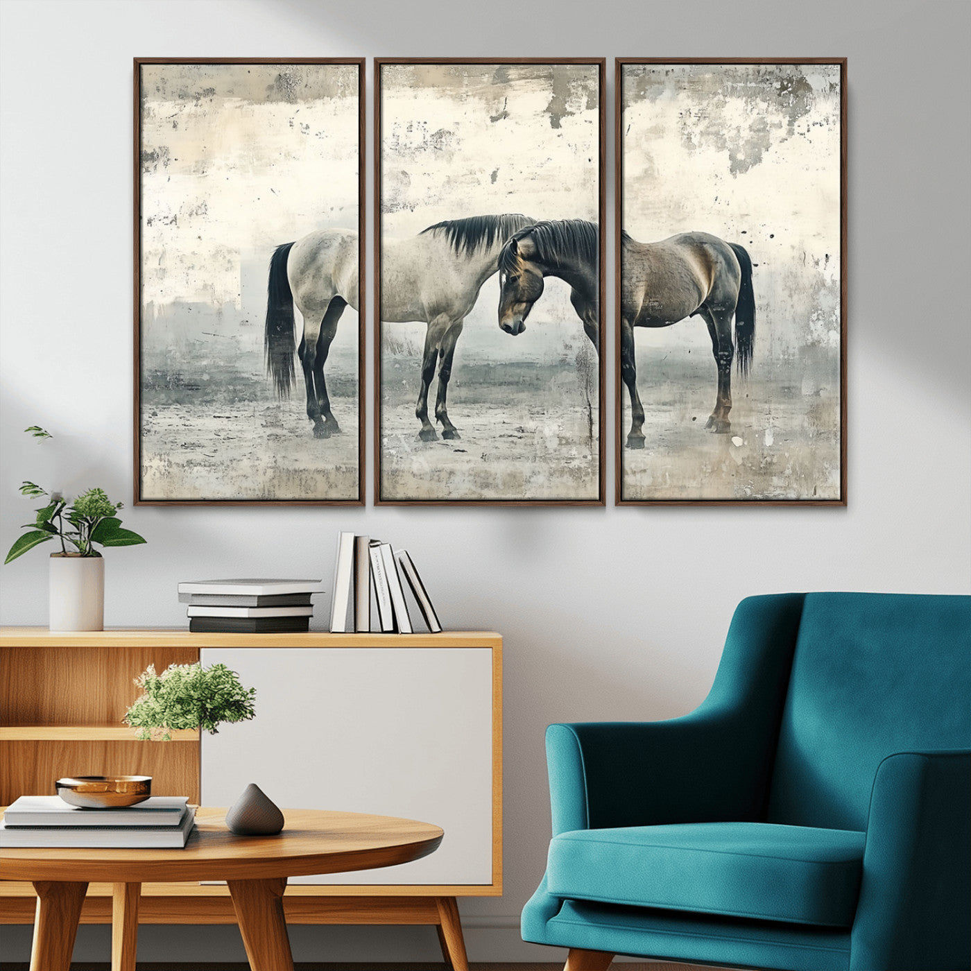 -Chines Style Majestic Horses Wall Art | Ready to Hang and Framed Triptych Print | Western Farmhouse