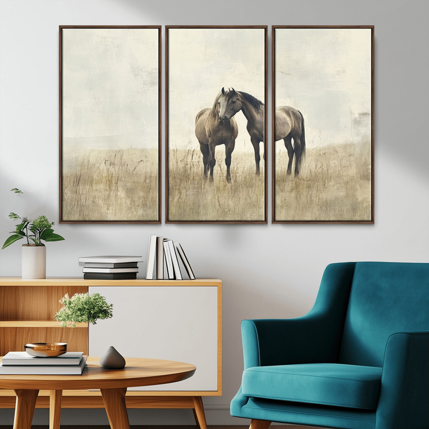 -Chines Style Grunge Horses Wall Art Canvas Print