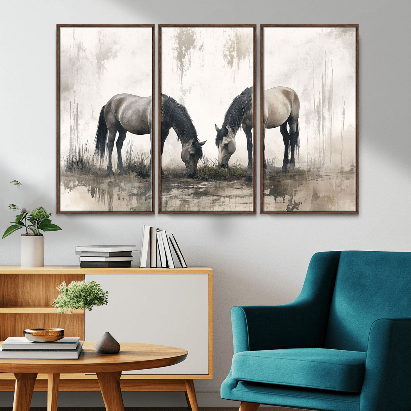 -Chines Ink Style Vintage Horses Wall Art Canvas Print for Farmhouse Wall Decor