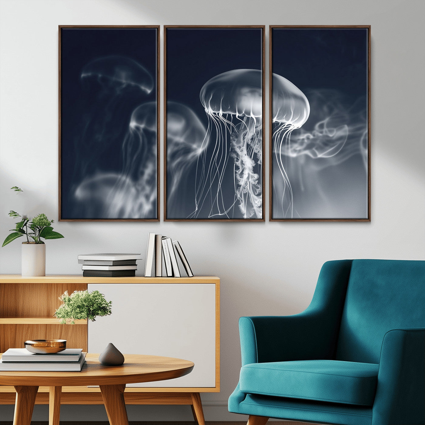 79301-MGV-FC-48X32-3P_Walnut-Jellyfish Wall Art Canvas Print, Modern Abstract Jellyfish Wall Decor