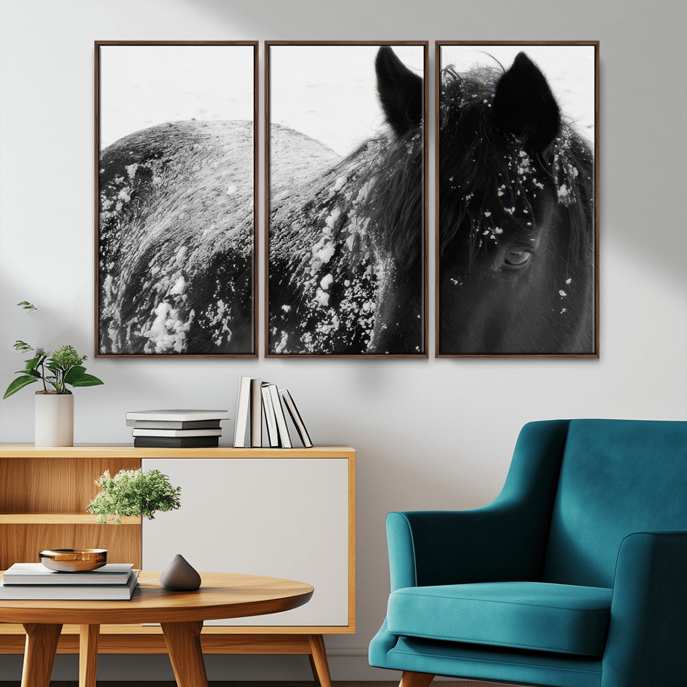 -Black Horse in Snow Canvas Print | Winter Horse Wall Art | Ready to Hang and Framed | Farmhouse Wall