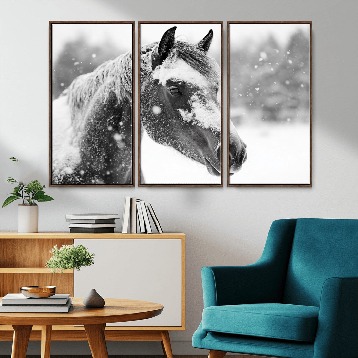 13358-MGV-CV-36X24-Black Horse Winter Wall Art | Ready to Hang and Framed | Farmhouse and Western Wall Decor for Living Room