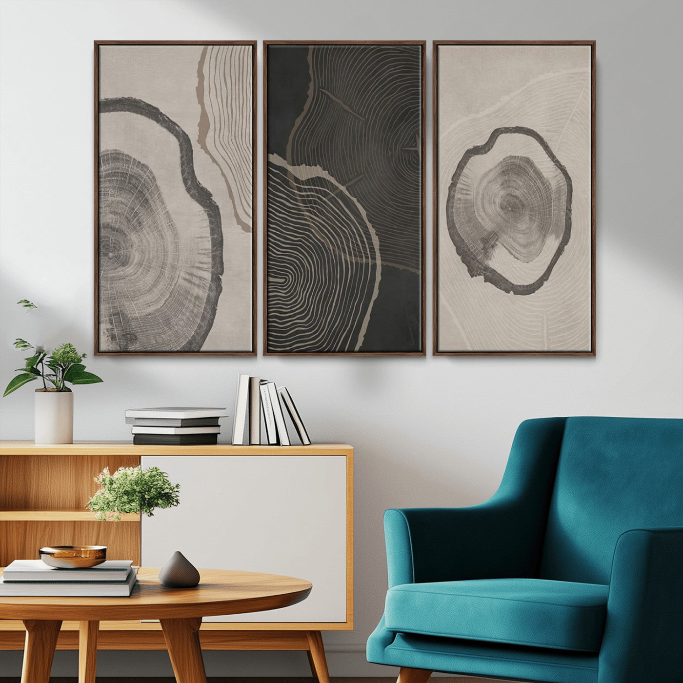 25407-MGV-CV-36X24-Modern Abstract Tree Ring Canvas Art Set | 3 Panel Large Tree Ring Design for Living Room, Office,