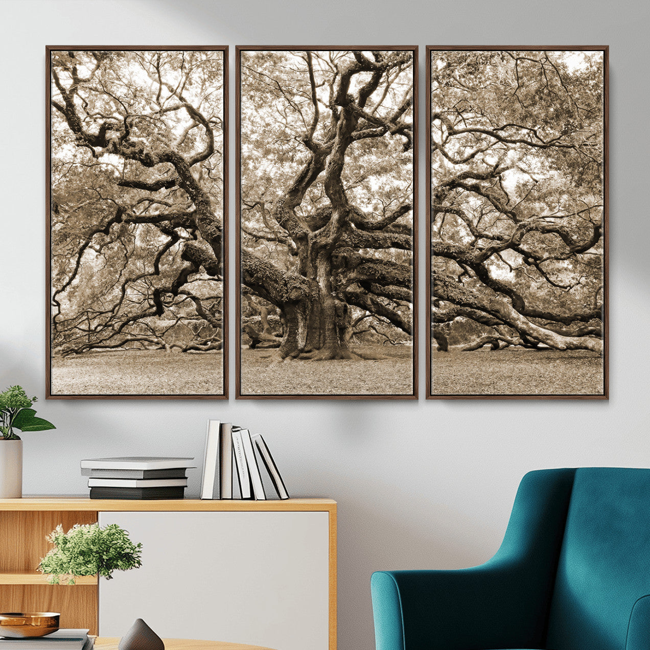 51126-MGV-CV-36X24 - Sepia Framed Angel Oak Tree Wall Art - 3-Panel Canvas Prints, Large Green Nature Artwork, Ready to