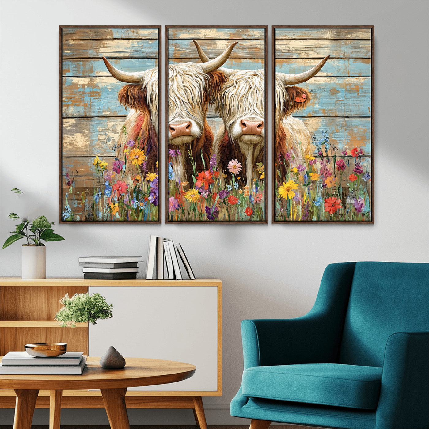 -Cute Highland Cow Canvas Wall Art - Rustic Farmhouse Decor with Colorful Flowers Perfect Wall Art
