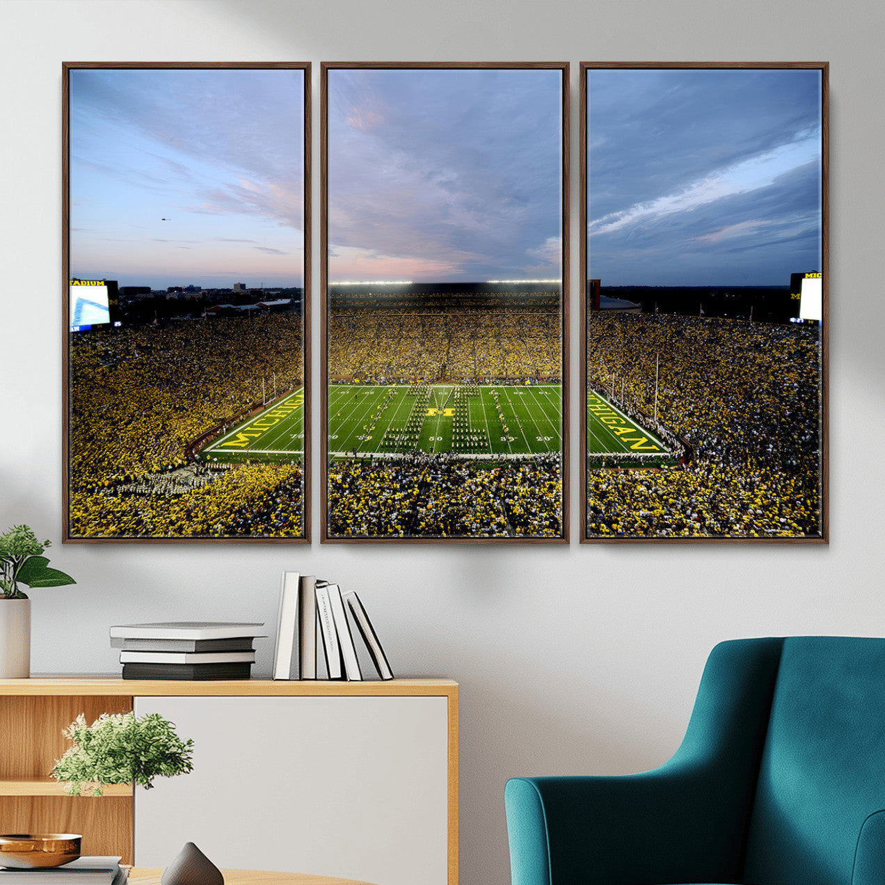 82641-MGV-FC-48X32-3P - Michigan Stadium Wall Art Canvas Print, Vibrant Game Day Crowd and Sunset Sky Football Field Artwork for Home, Office