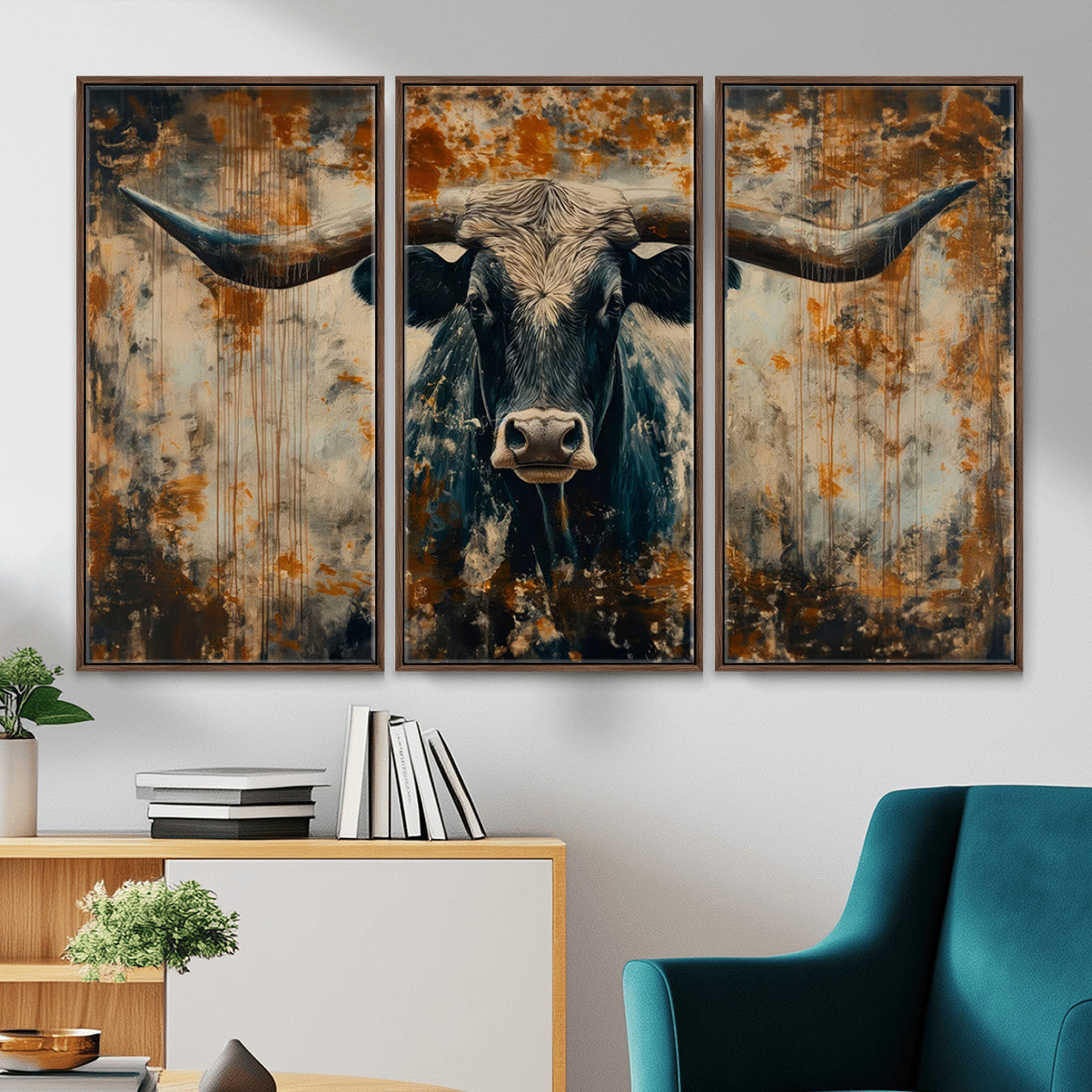 85913-MGV-CV-36X24 - Abstract Longhorn Bull Wall Art | Rustic Western Wall Decor | Framed and Ready to Hang | Ideal for