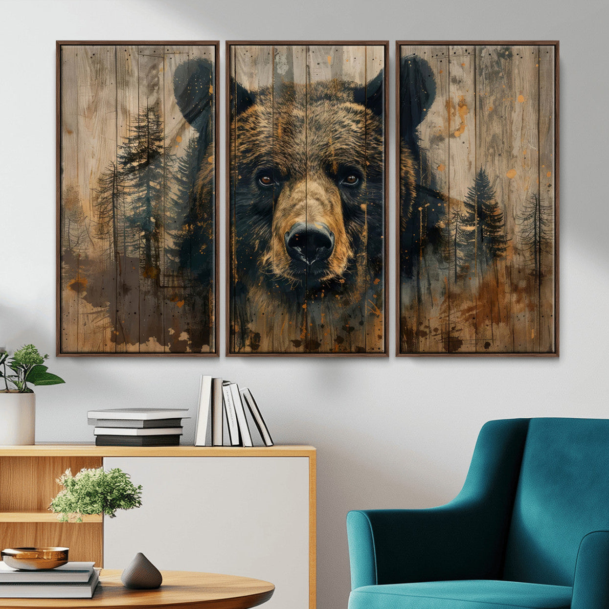 51373-MGV-CV-36X24-Abstract 399 Bear Wall Art | Rustic Cabin Wall Decor with Forest Design | Framed and Ready to Hang |