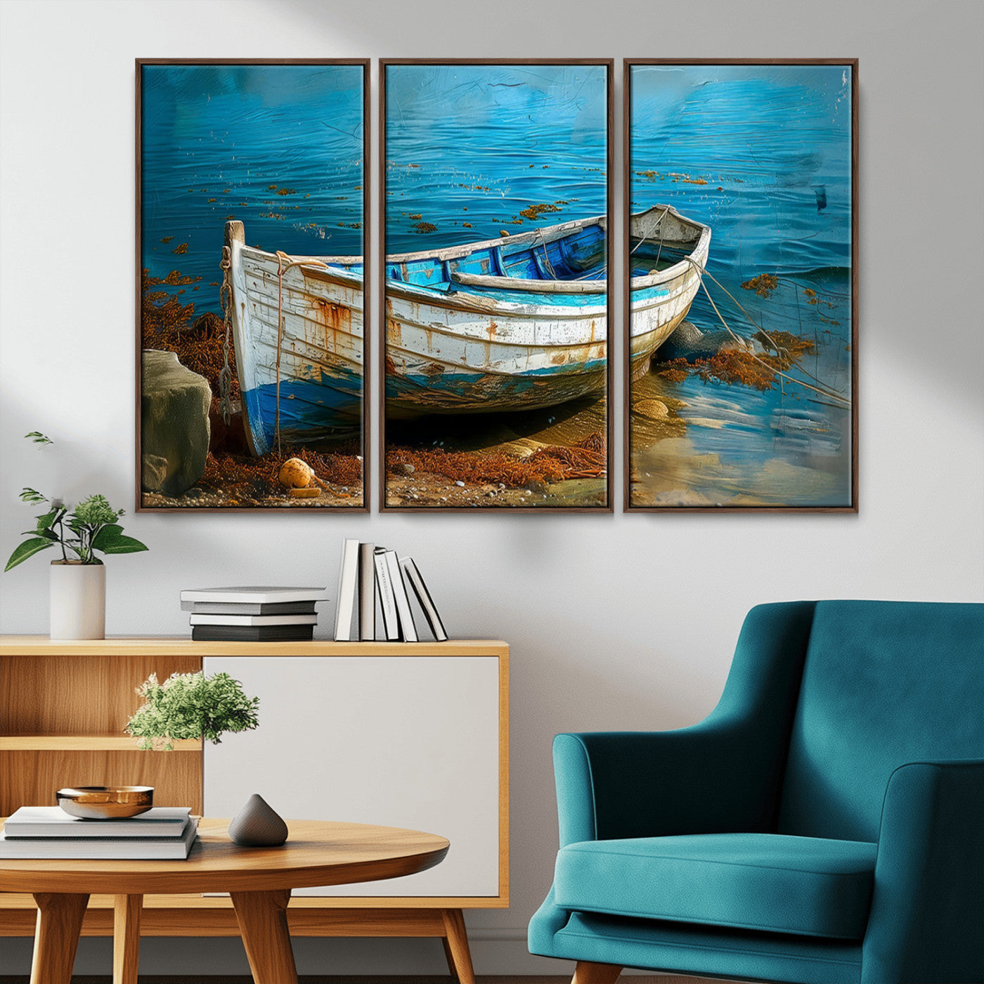 54716-MGV-CV-36X24-Vintage Boat on Tranquil Waters | Coastal Wall Art for Nautical Decor | Rustic Triptych Canvas Print
