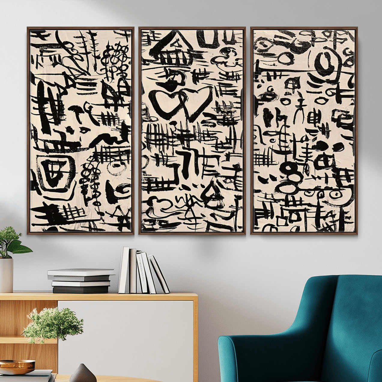 68273-MGV-FC-48X32-3P - Abstract Love and Chaos Canvas Print, Black Symbols on Beige
