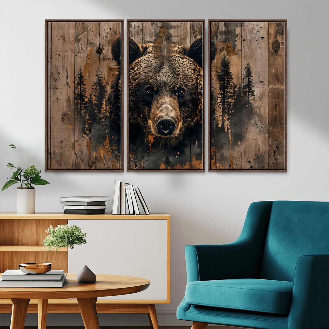 76998-MGV-FC-48X32-3P_Walnut-Rustic Grizzly 399 Wall Art | Triptych Canvas Print | Rustic Cabin Wall Decor | Perfect for