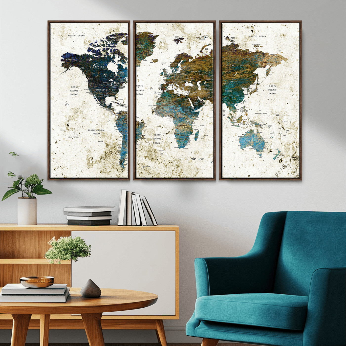 89176-MGV-CV-36X24-Vintage Blue and Brown World Map Canvas Wall Art – Framed Rustic Map Print, Earth Tone Travel Decor for Stylish Home and Office Walls