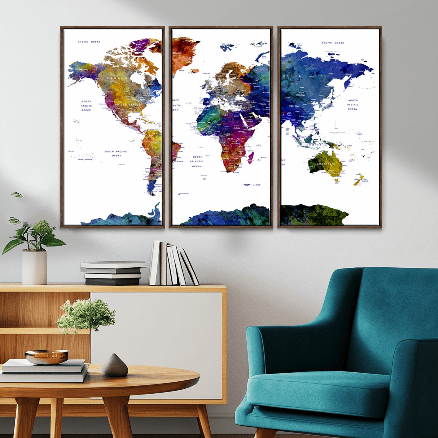 90446-MGV-CV-36X24-Colorful Watercolor World Map Canvas Wall Art – Framed Modern Push Pin Travel Map for Home and Office Decor