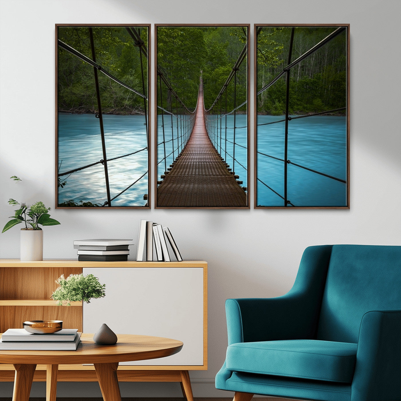 -Suspension Bridge Over River Canvas Art | 3-Panel Nature Photography | Scenic Wall Art for Living