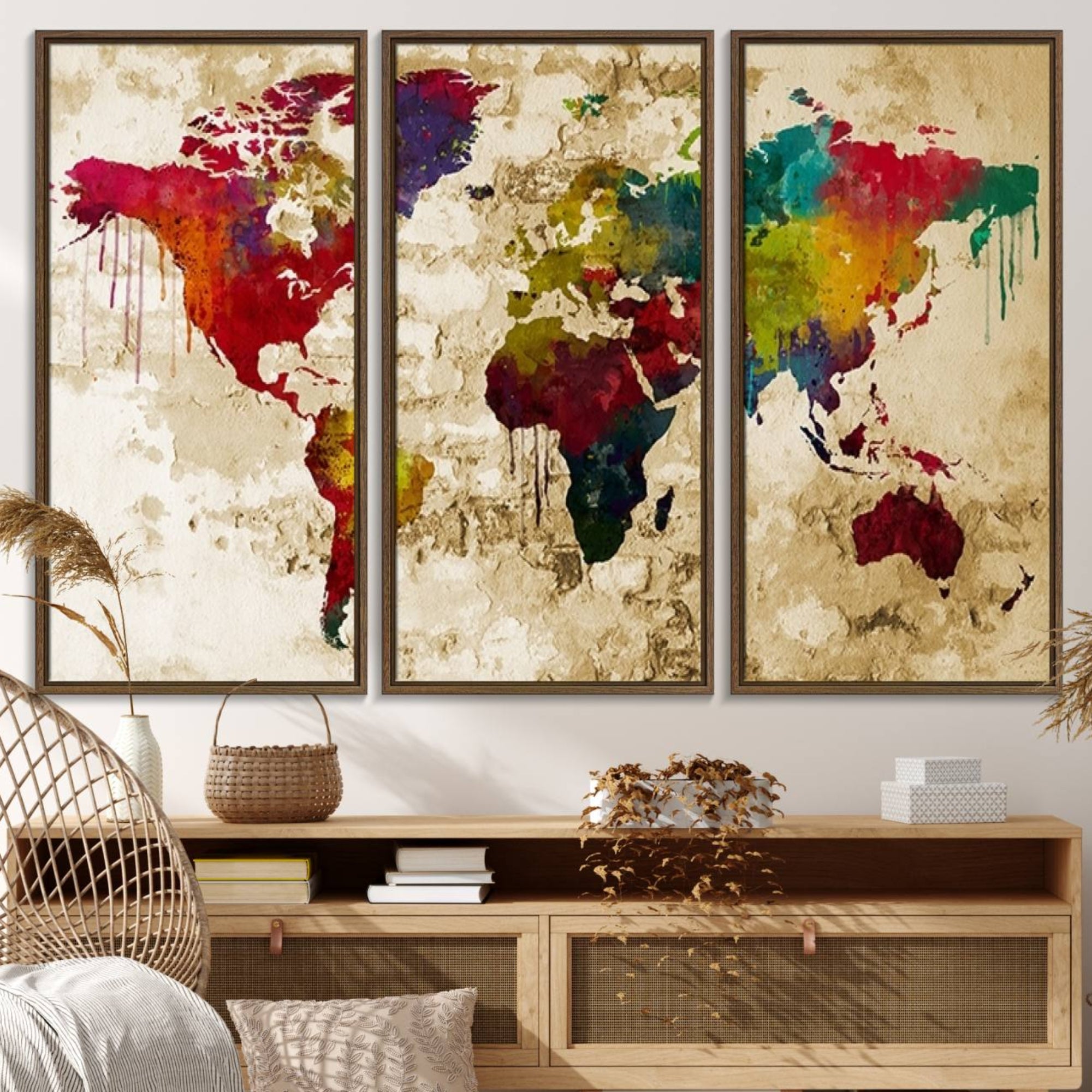61906-MGV-FC-48X32-3P_Walnut-World Map Canvas Print – Framed Push Pin Wall Art, Color Splash Travel Map for Modern Home and Office Decor