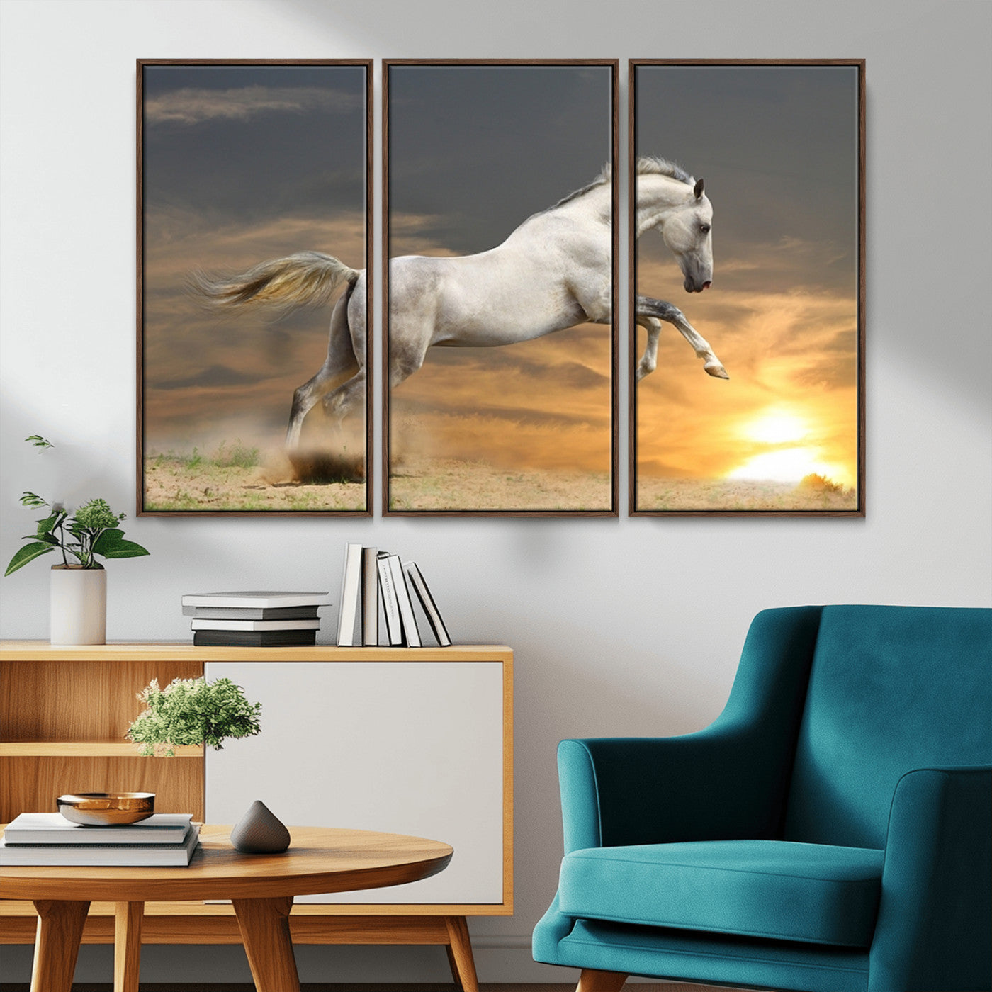 -Large Wall Art Canvas Print – White Jumping Horse Sunset Scene Animal Artwork for Home, Office, Living Room Decor