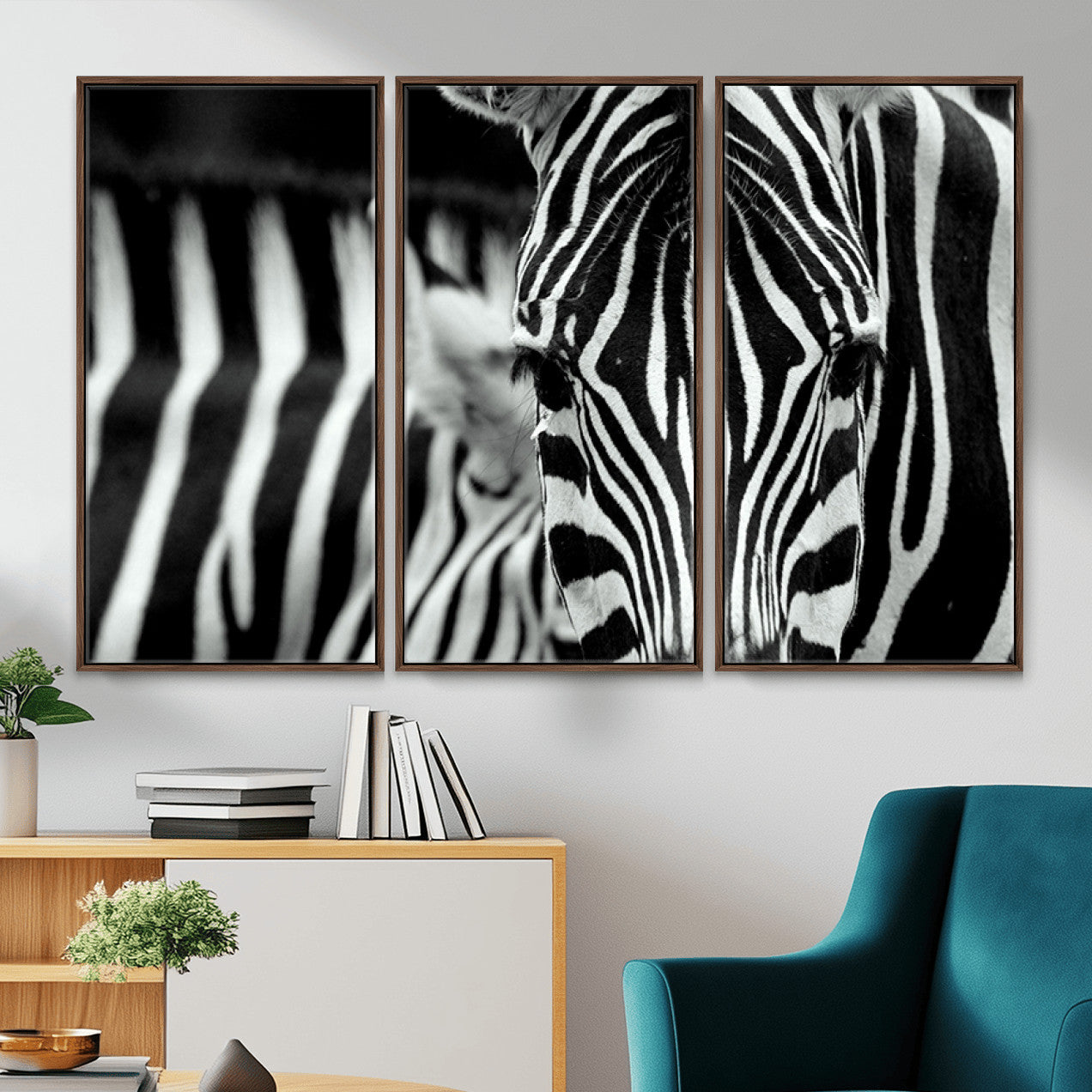 MGV-FC-48X32-3P - Zebra Wall Art – Close Up Black and White Animal Print, Bold Safari Decor for Living Room, Office, or Bedroom