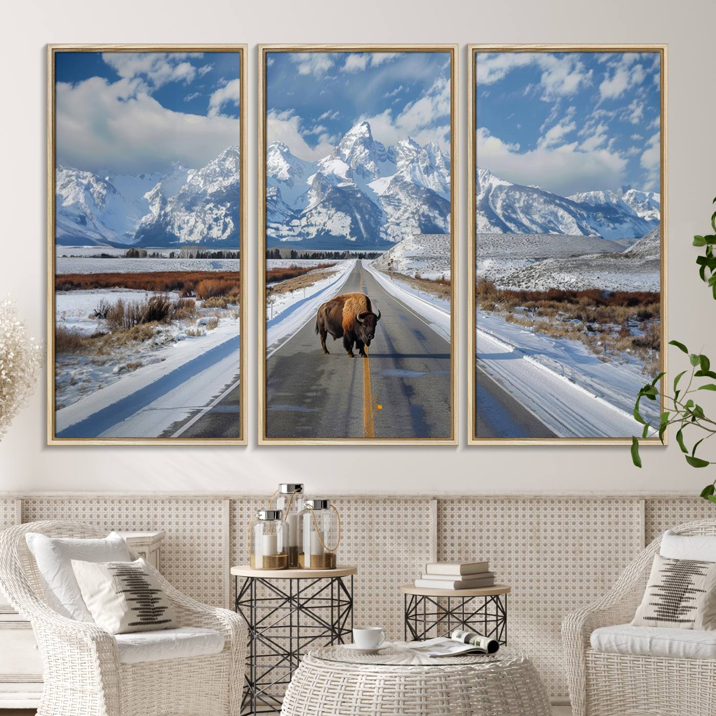 A powerful bison stands on a snow-dusted road beneath the towering peaks of the Grand Tetons, capturing the untamed beauty of America's winter wilderness.