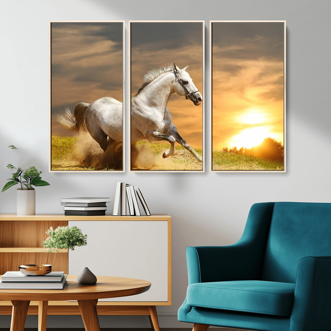 -Large Wall Art Galloping White Horse at Sunset Canvas Print